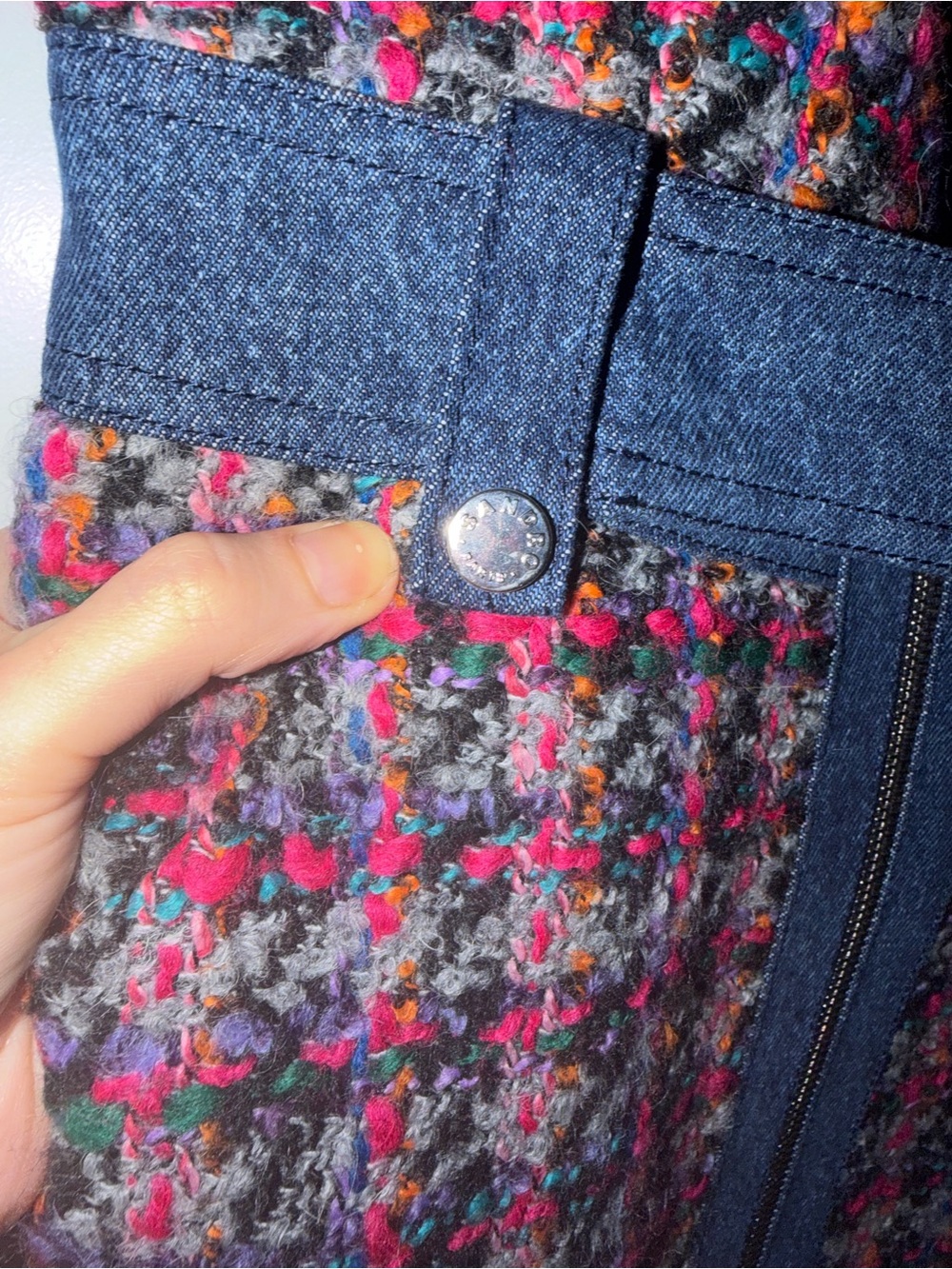 Sandro Pink & Blue Tweed Short-Sleeve Dress with Denim Trim - Picture 3 of 5